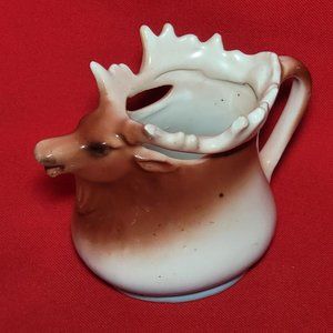VTG Elk Moose Antlers Ceramic Porcelain Handled Pitcher Creamer Planter Decor